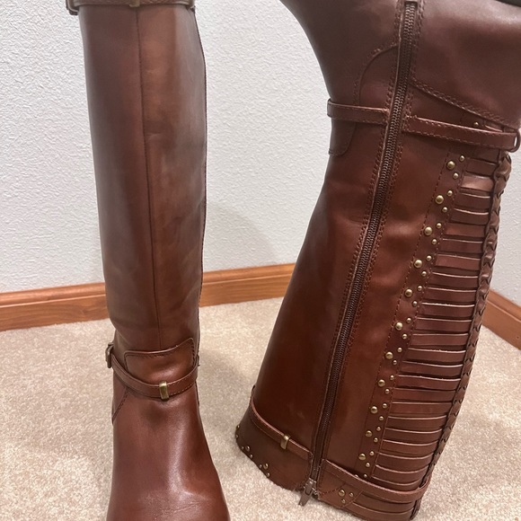 Gianni Bini Tall Brown Leather Boots Studded MotoWoven Shaft Riding Fall Style - Picture 9 of 14